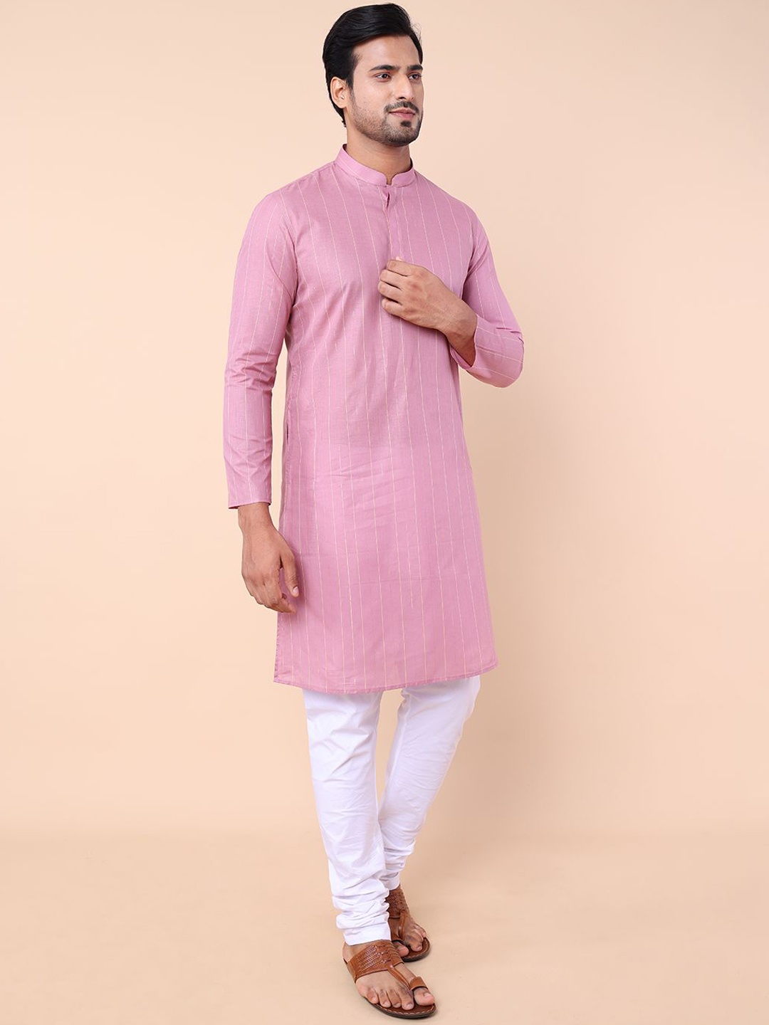 

NAMASKAR Striped Printed Straight Kurta, Pink