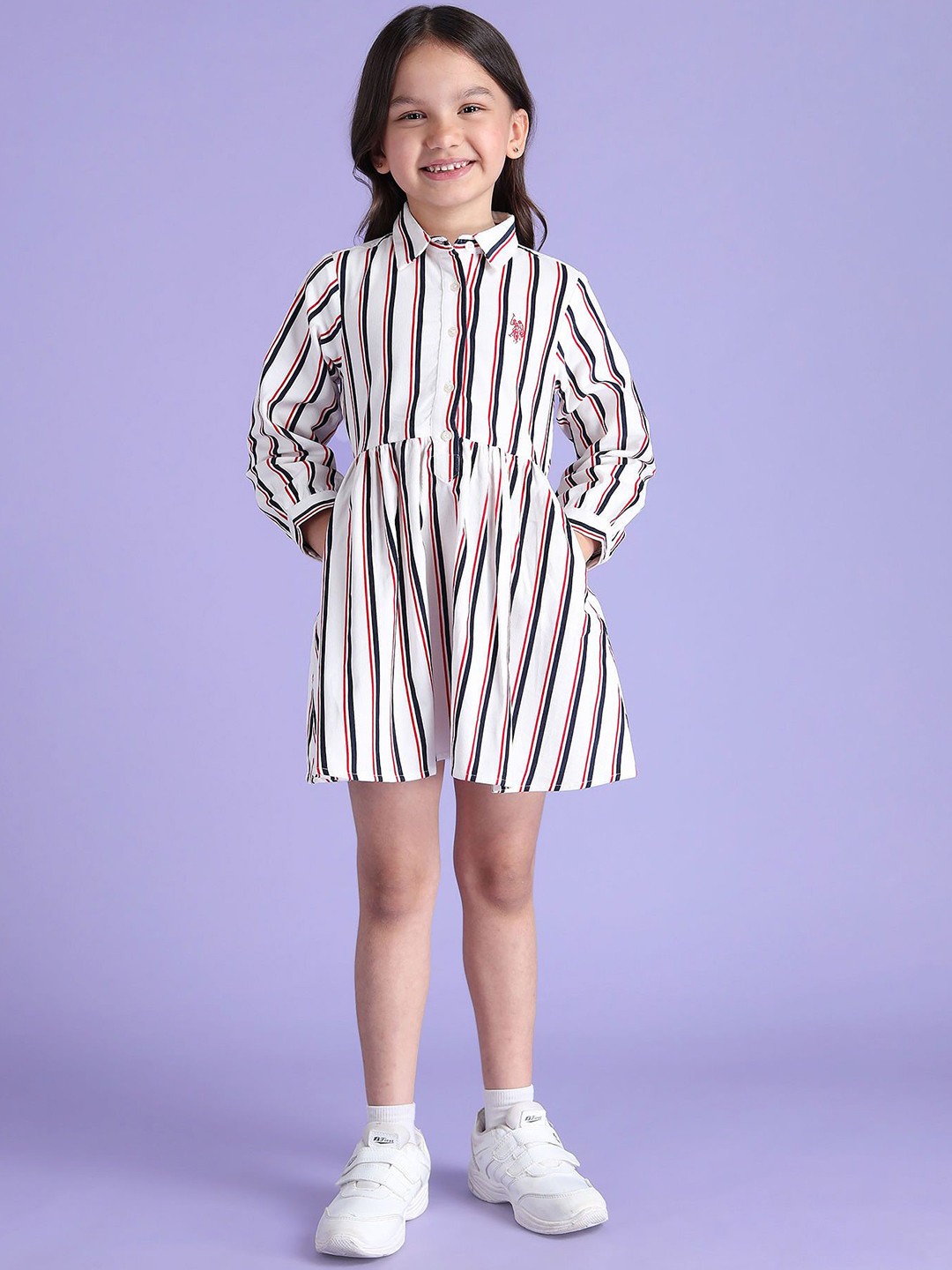 

U.S. Polo Assn. Kids Girls Striped Printed Pure Cotton Shirt Dress, White