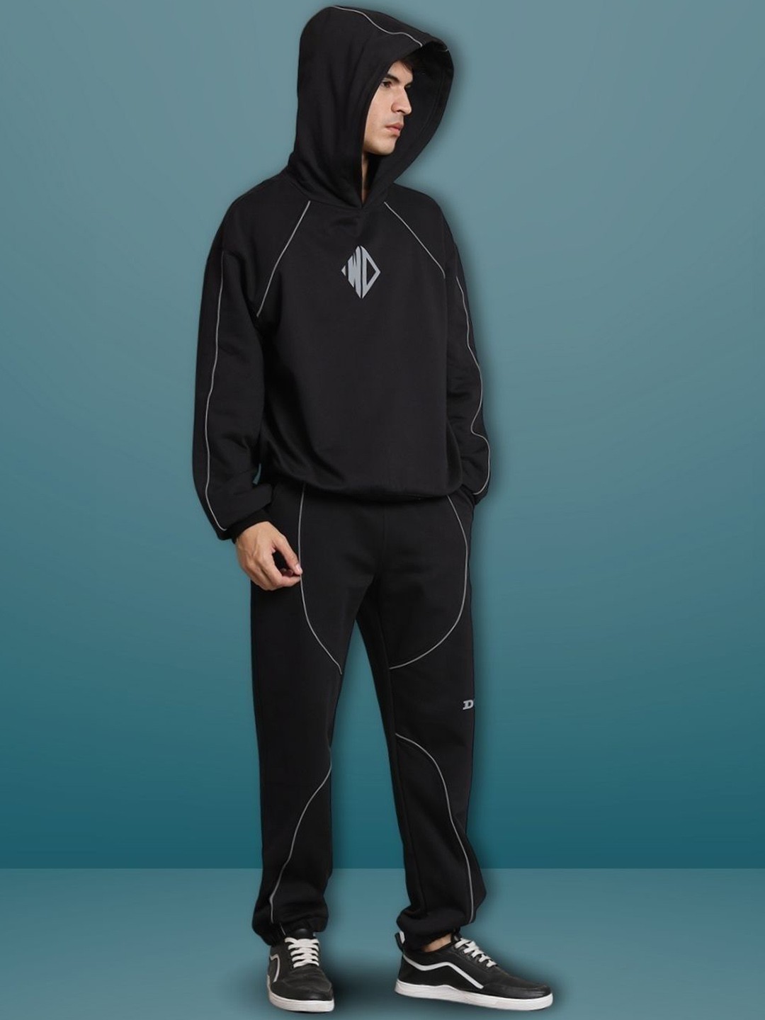

WEARDUDS Hooded Long Sleeves Cotton Fleece Sweatshirt With Trousers, Black