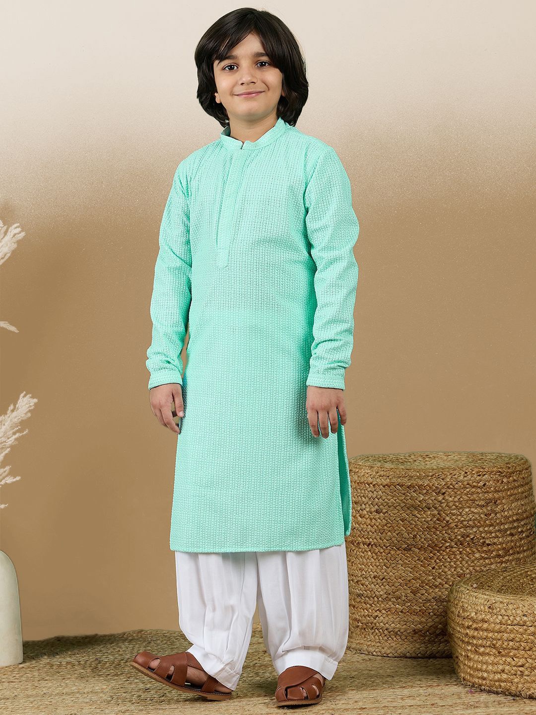 

Here&Now X Sanwara Boys Dapper & Dazzling Embroidered Chikankari Cotton Kurta with Patiala, Sea green