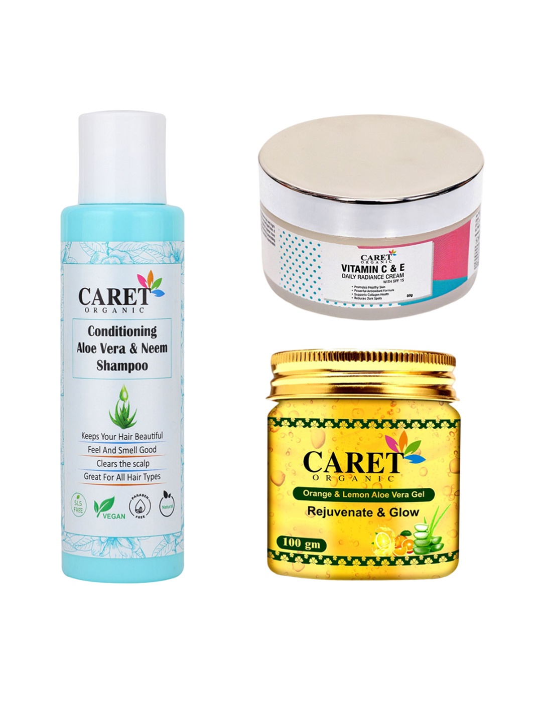 

CARET ORGANIC Set Of 3 Aloevera Gel - 100 g With Day Cream - 50 g & Shampoo - 100 ml, White