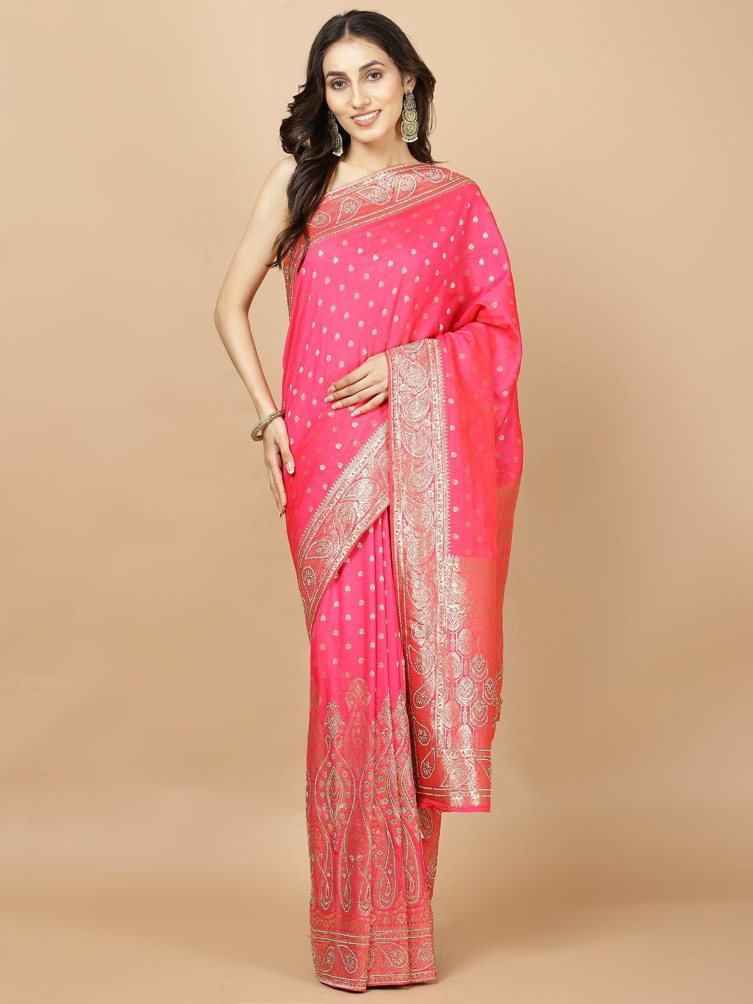 

Meena Bazaar Ethnic Motifs Booti Woven Art Silk Banarasi Saree, Pink