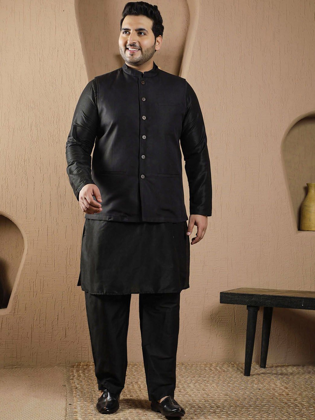 

Sztori Plus Size Mandarin Collar Cotton Silk Straight Kurta with Pyjamas & Nehru Jacket, Black