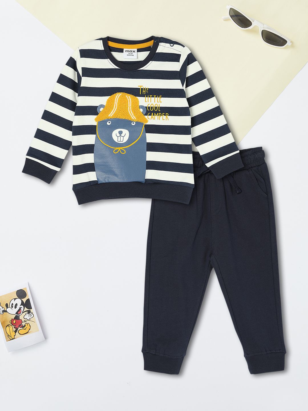 

max Boys Striped Round Neck Pure Cotton Sweatshirt with Joggers, White