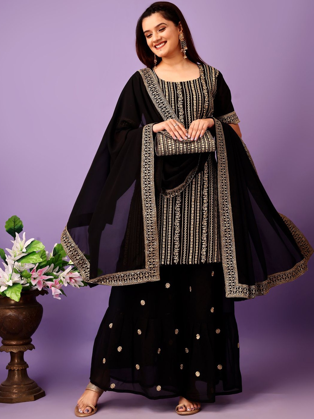 

KALINI Floral Embroidered Kurta With Sharara & Dupatta, Black