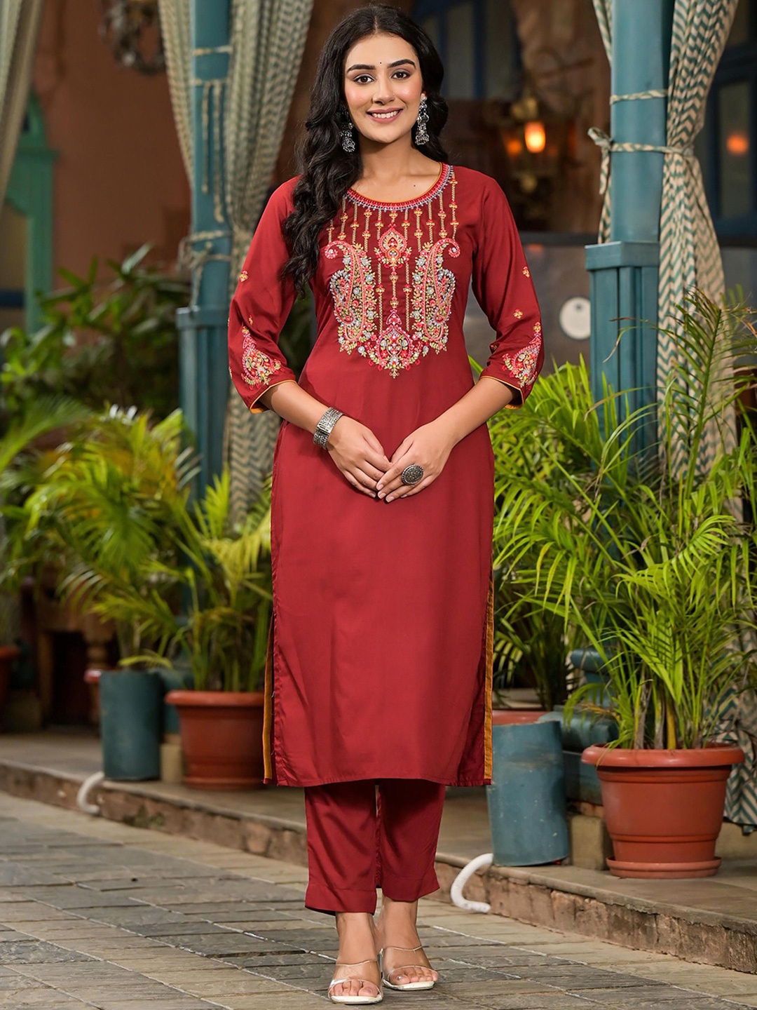 

Brown Thread Embroidered Liva Rayon Kurta Pant And Dupatta Set With Sequins