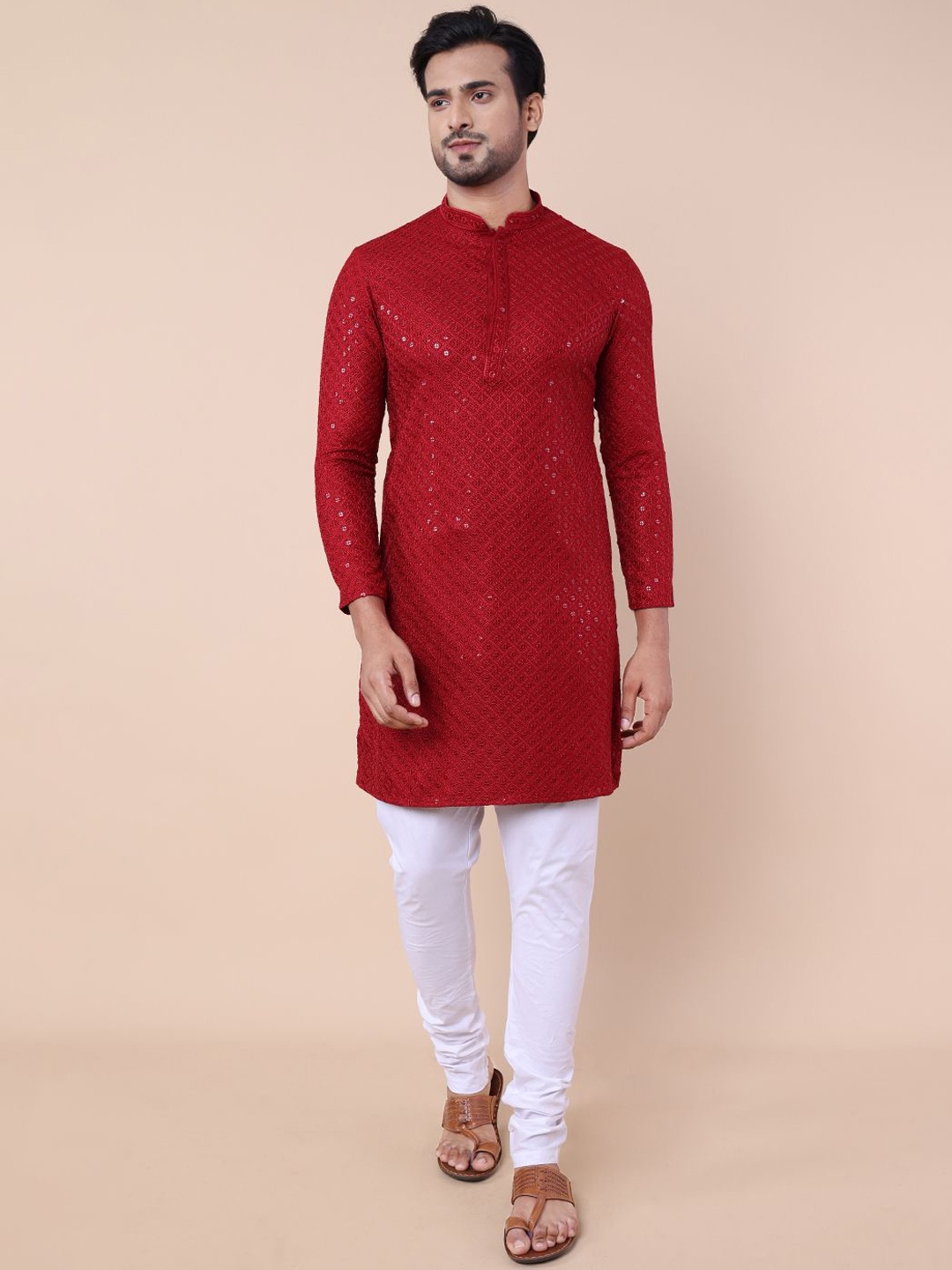 

NAMASKAR Men Printed Regular Pure Silk Kurta with Pyjamas, Red