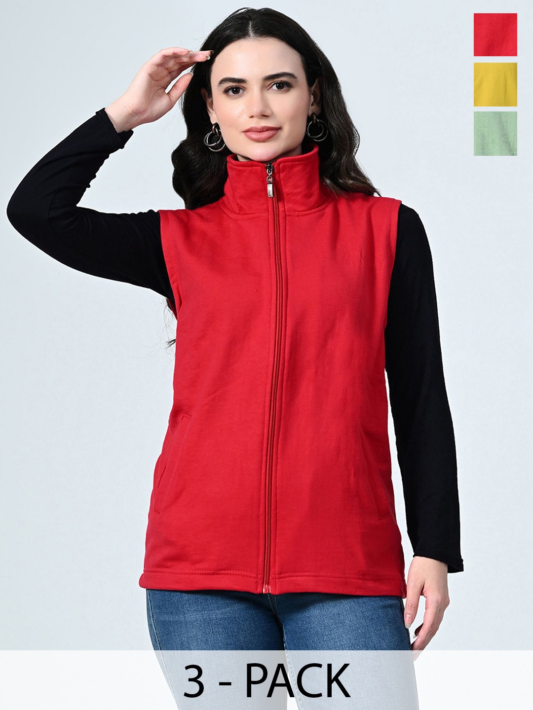 

BAESD Women Pack Of 3 Fleece Stand Collar Open Front Jacket, Red