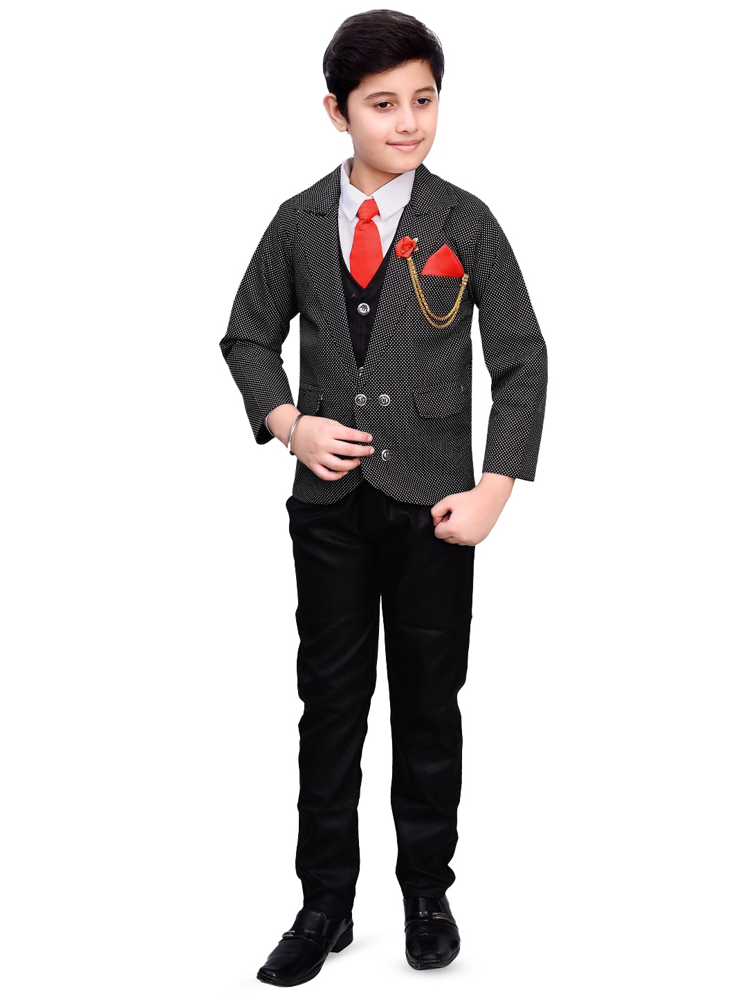 

BAESD Boys Printed Four-Piece Double-Breasted Shirt, Trousers & Waistcoat With Blazer, Black