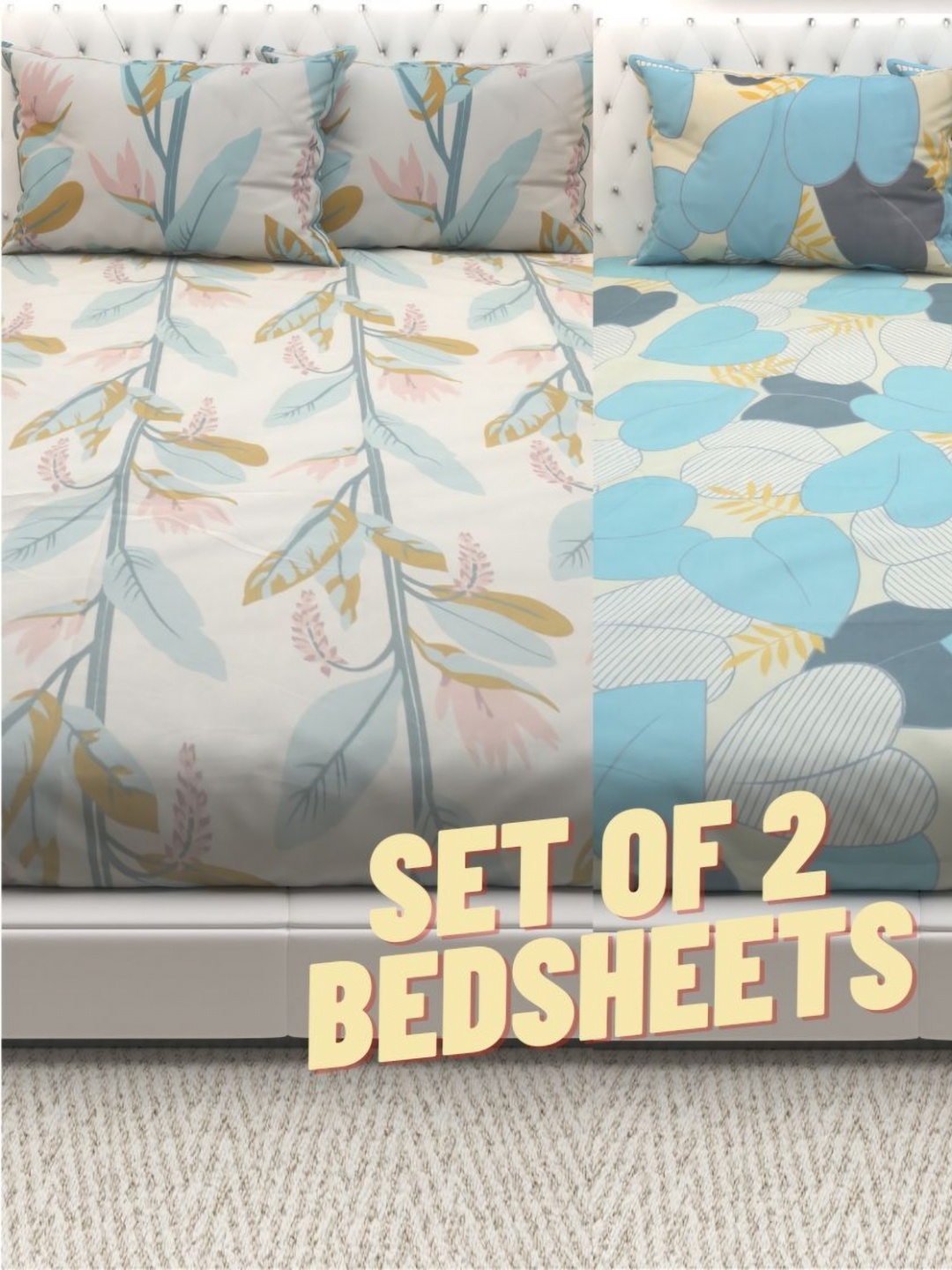 

Athom Living Grey & Blue Floral 210 TC Queen Bedsheet with 2 Pillow Covers