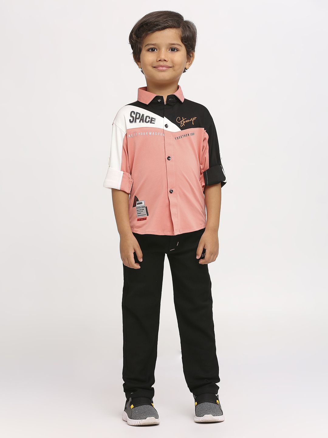 

YK Boys Colourblocked Shirt Collar Long Sleeves Cotton Blend Shirt With Trousers, Peach