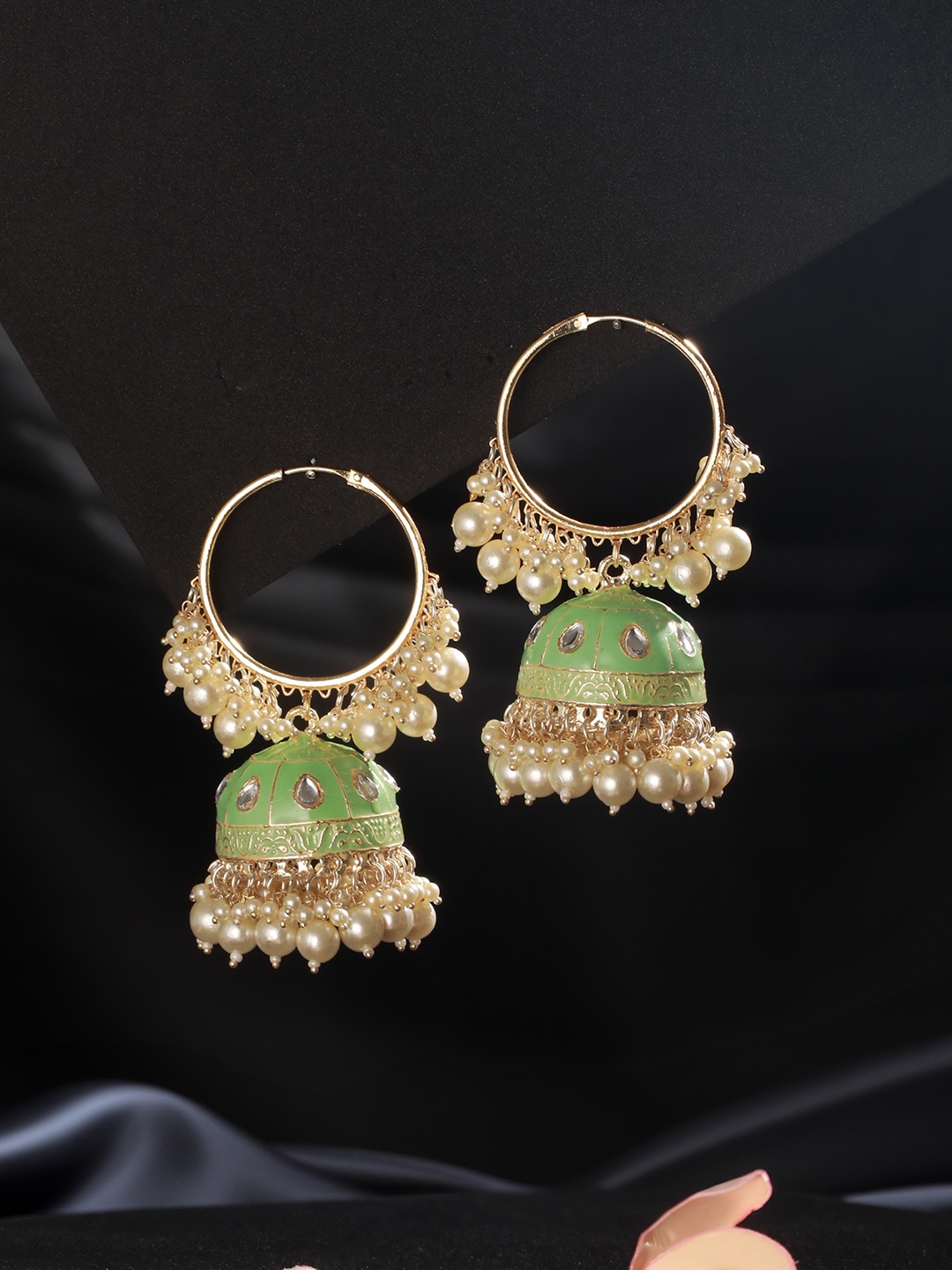 

Jazz and Sizzle Gold-Plated Dome Shaped Kundan Studded & Pearls Meenakari Hoop Earrings