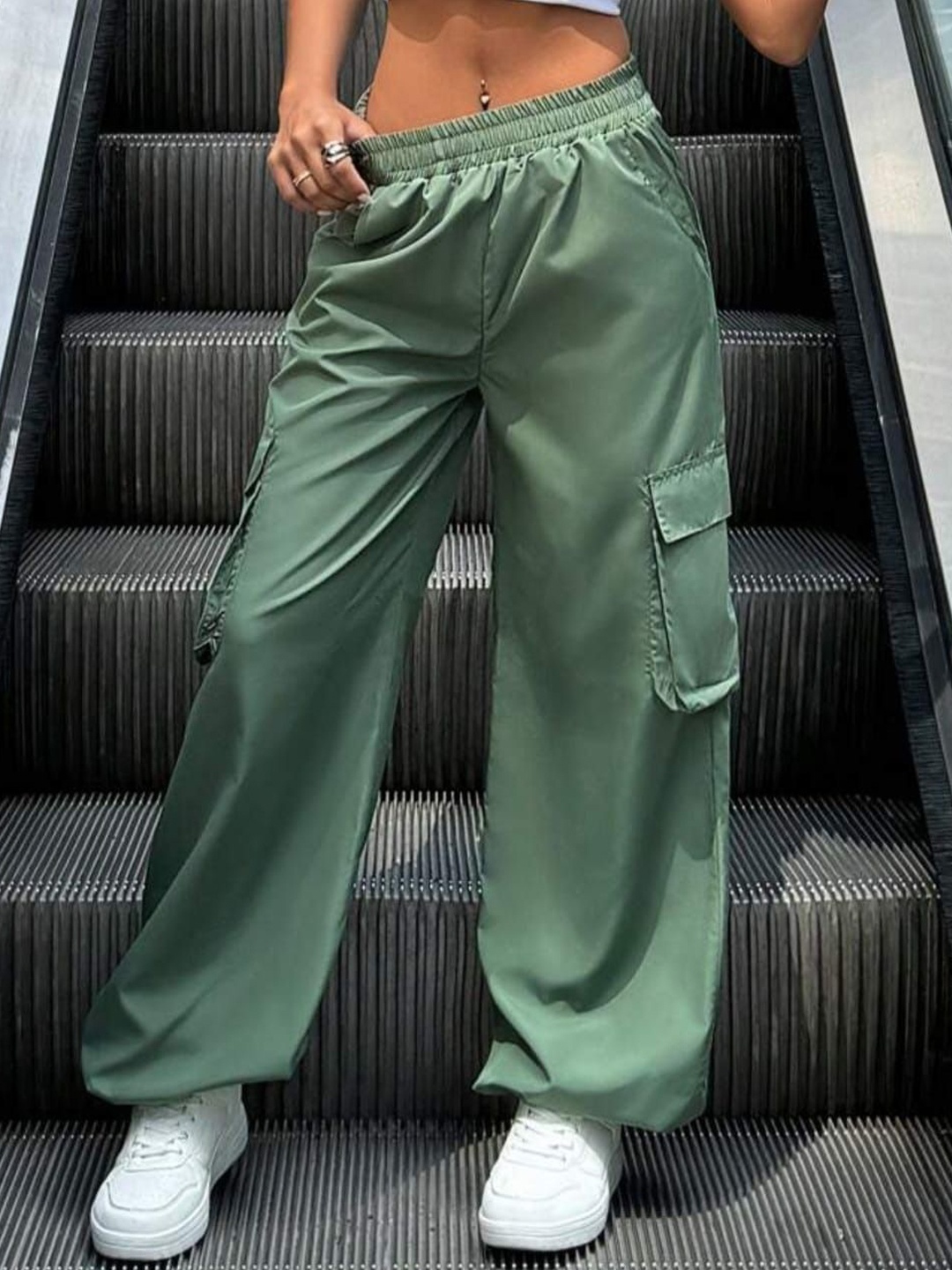 

Next One Women Smart Loose Fit High-Rise Easy Wash Cargos Trousers, Green