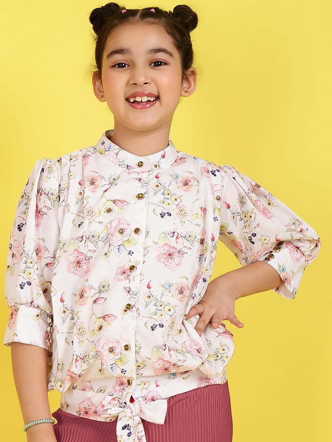 

BAESD Girls Floral Printed Mandarin Collar Top, White