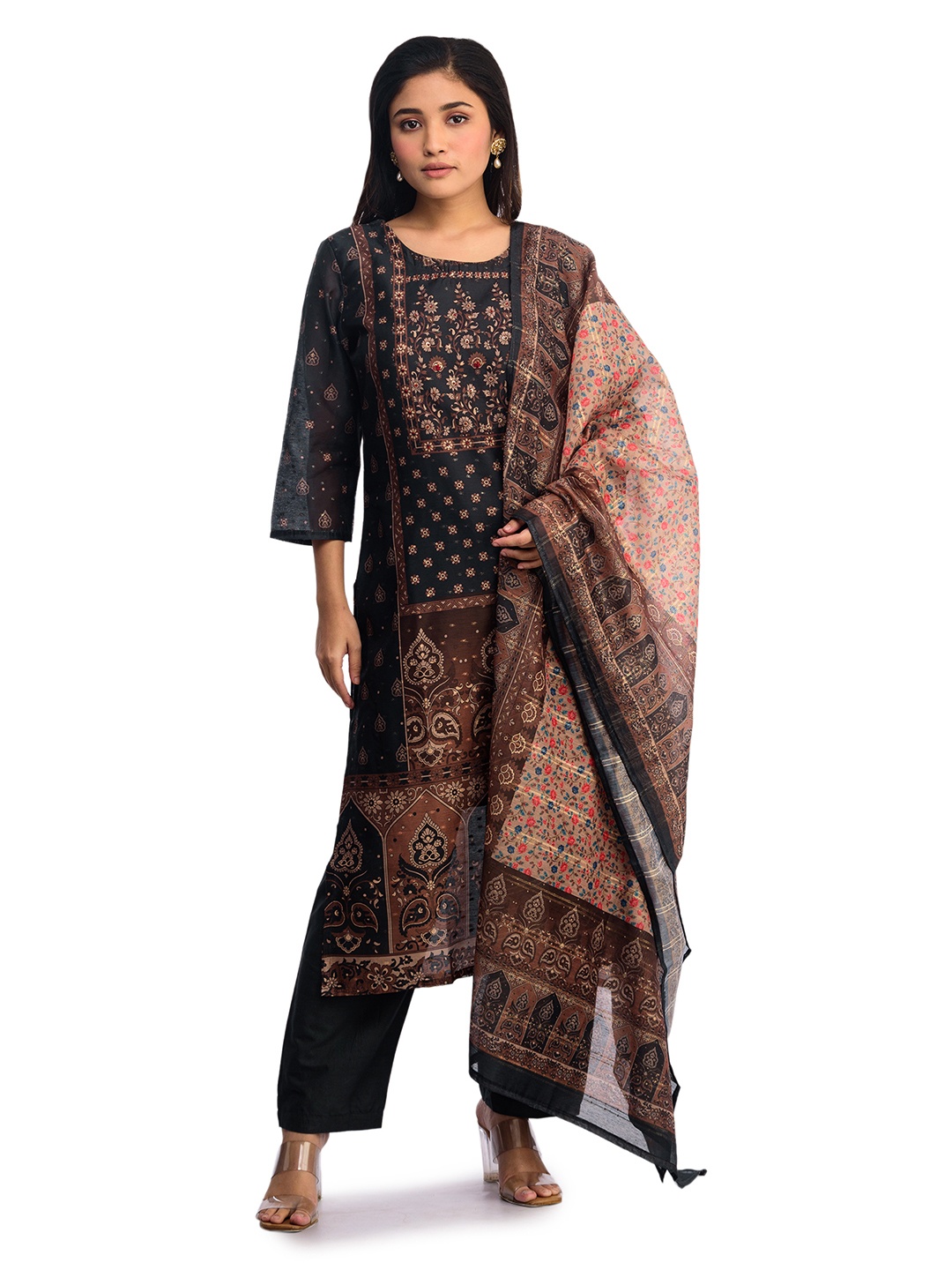 

ISHKIYA Women Floral Embroidered Regular Chanderi Silk Kurta with Trousers & With Dupatta, Grey