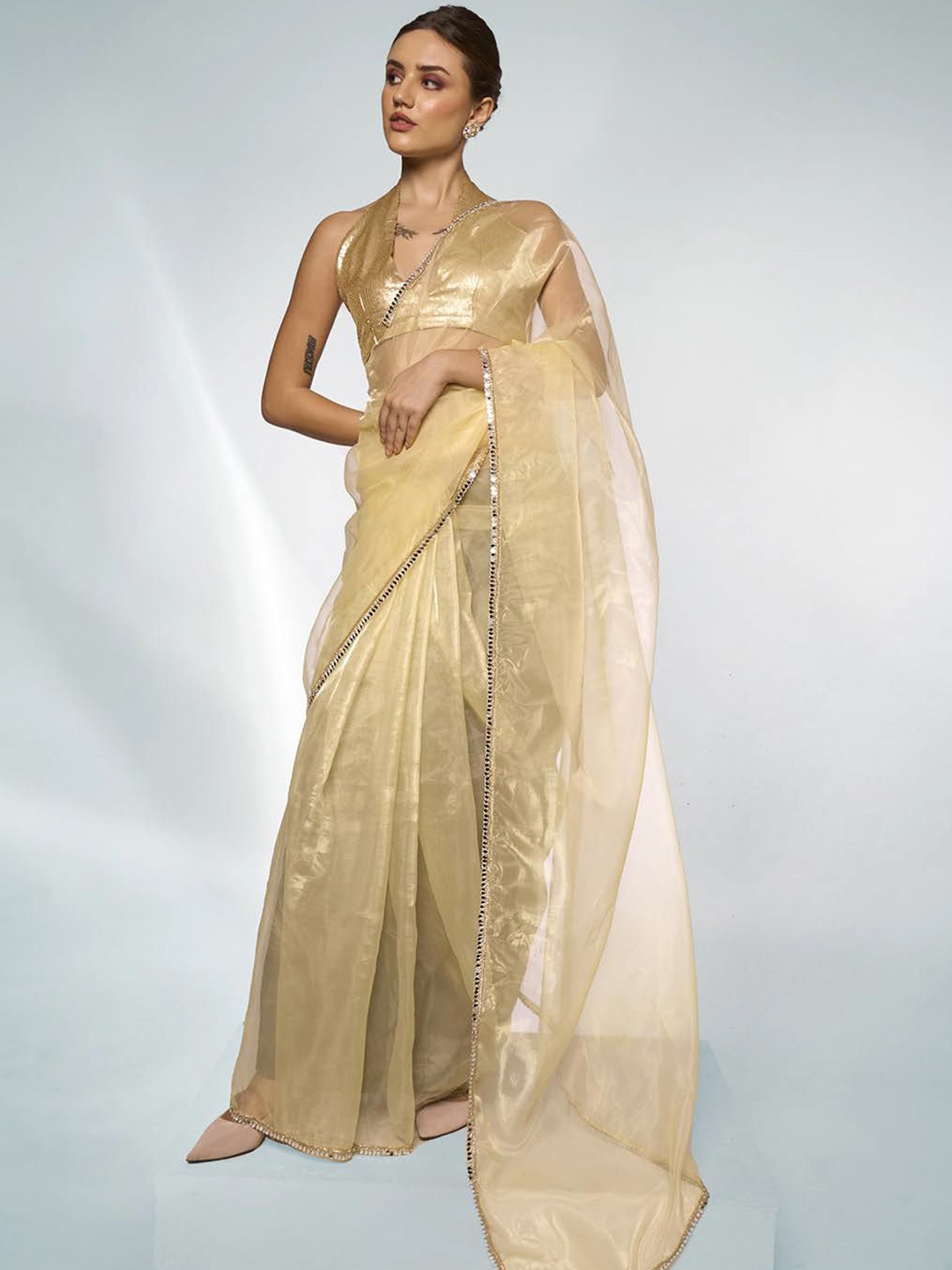 

Kalista Embellished Mirror Work Organza Ready to Wear Saree, Gold