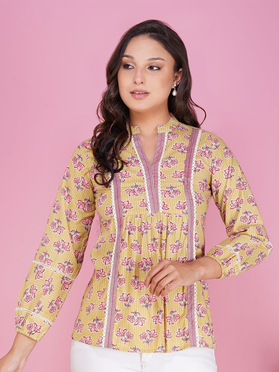 

METRO-FASHION Women Floral Printed Mandarin Collar Cotton Top, Yellow