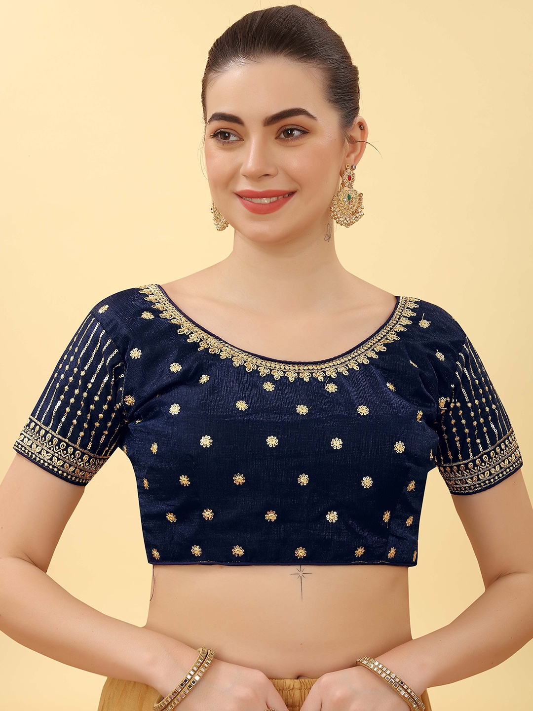 

Krimmple Women Embroidered Saree Blouse, Navy blue