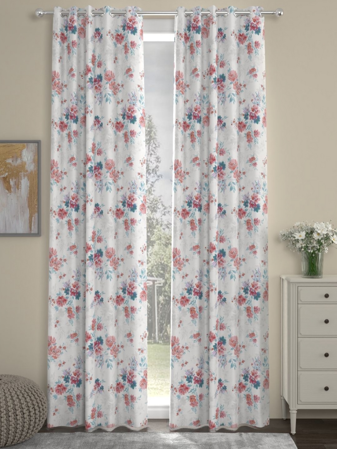 

ROSARA HOME Red & White 2 Pieces Floral Printed Long Door Curtains & Sheers