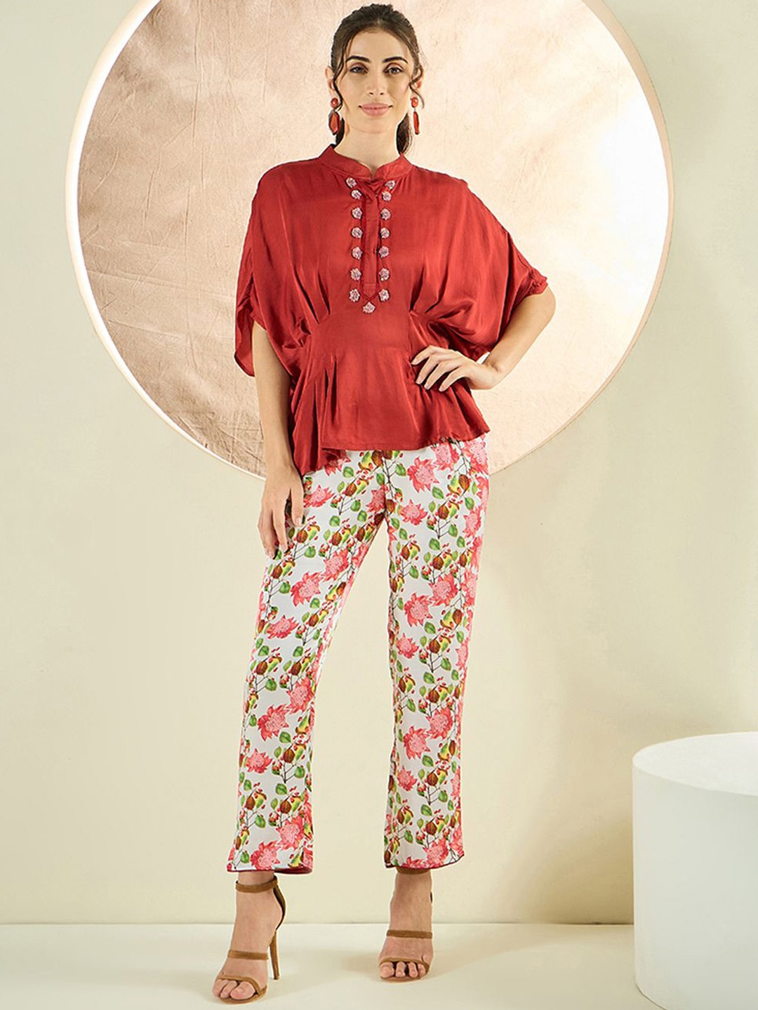 

First Resort by Ramola Bachchan Embroidered Top With Trouser Co-Ords, Red