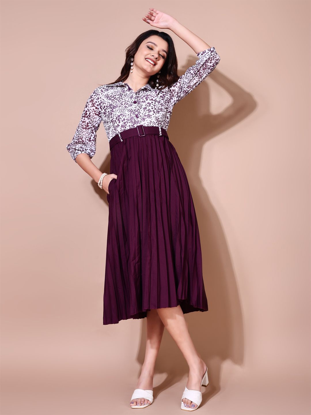 

SHINISHA Women Floral Print Crepe Fit & Flare Midi Dress, Burgundy