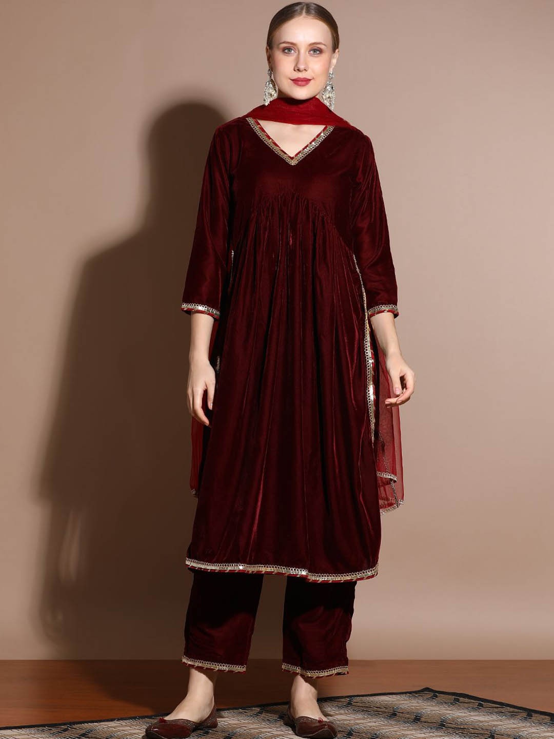

Jaipur Kurti Festive Velvet Gathered Kurta Set with Net Dupatta, Maroon