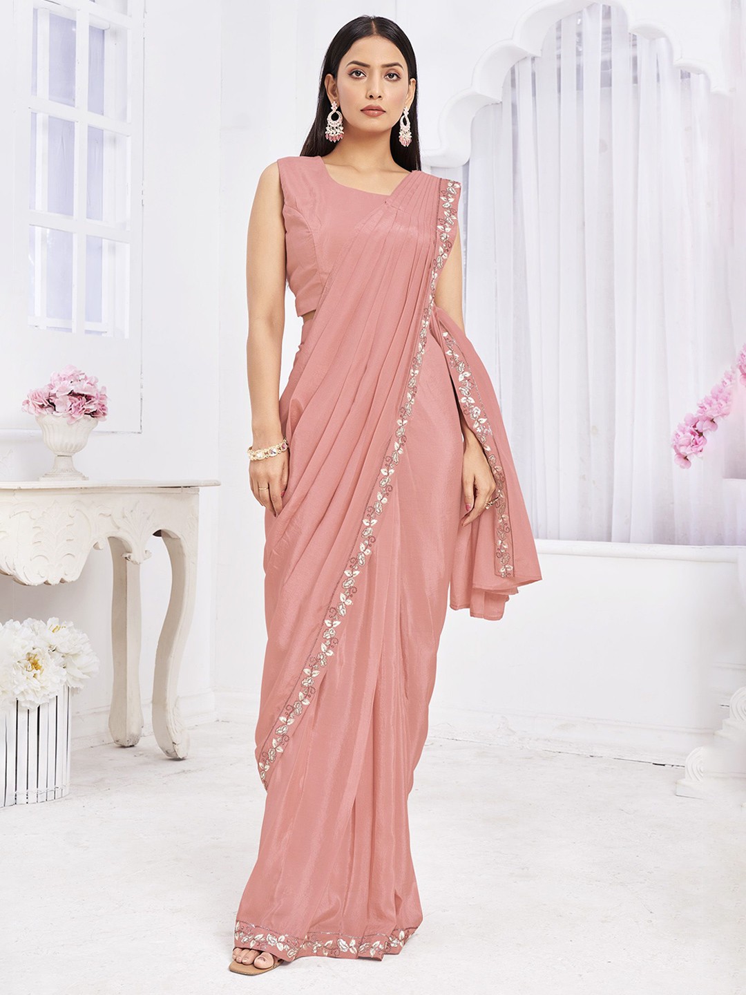 

JIVORA Embroidered Pure Silk Ready to Wear Tussar Saree, Pink