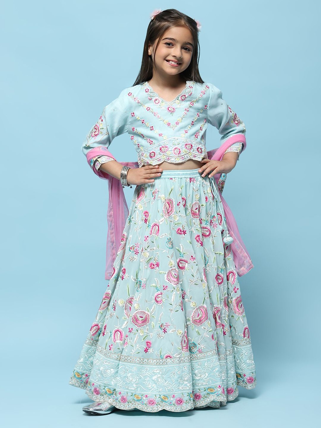 

Biba Girls Embroidered Ready to Wear Lehenga & Blouse With Dupatta, Blue