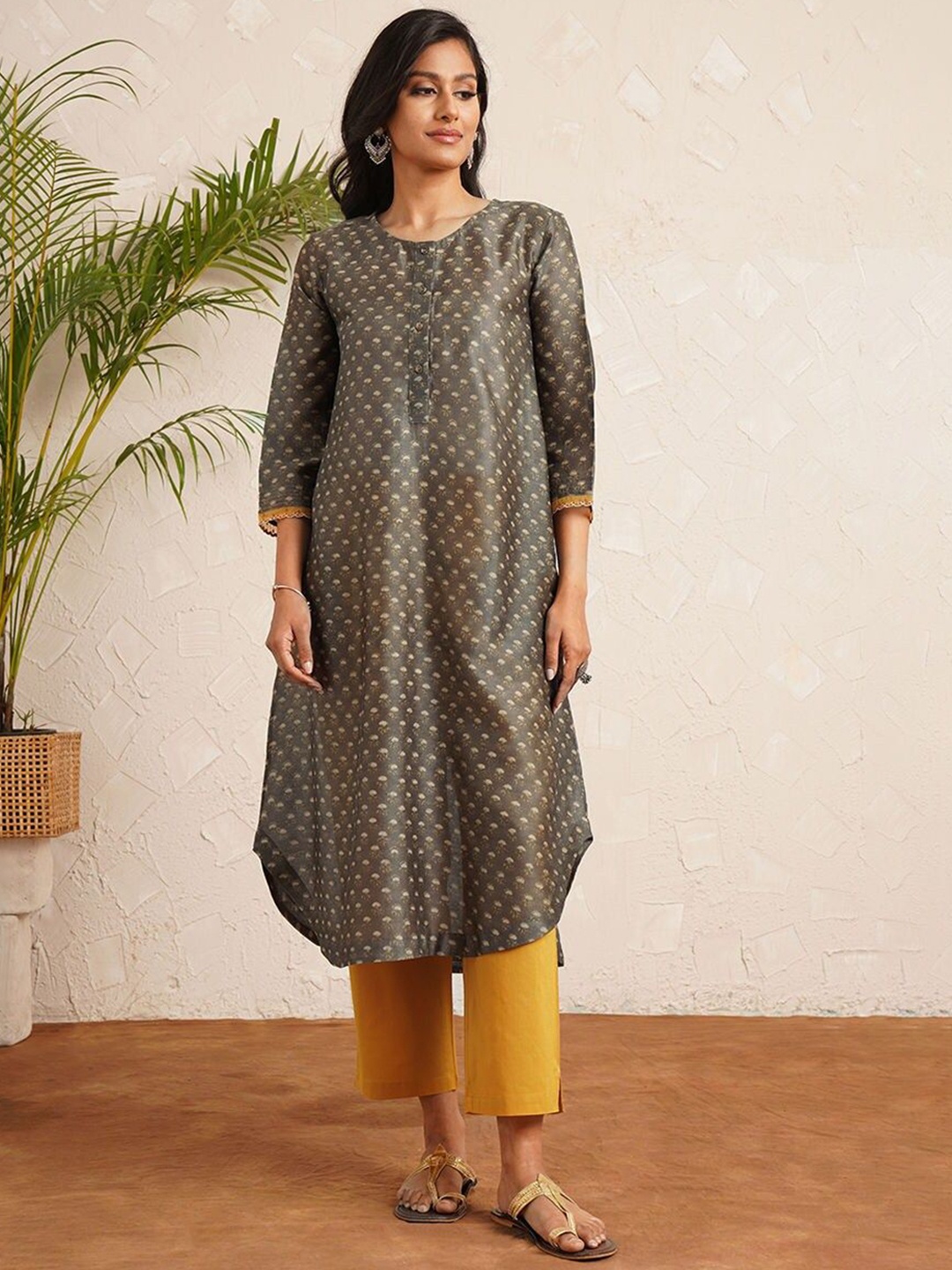 

JAYPORE Ethnic Motifs Printed Thread Work Pure Cotton A-Line Kurta, Mustard