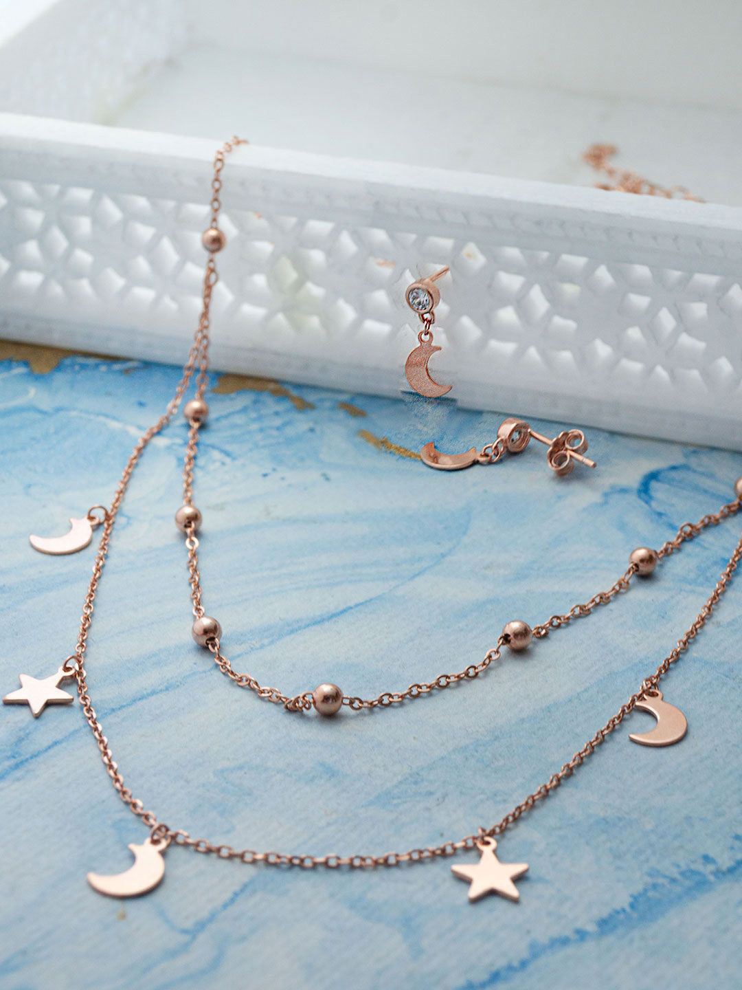 

MANNASH 92.5 Sterling Silver Rose Gold Plated CZ-Studded Stars & Moon Charms Jewellery Set