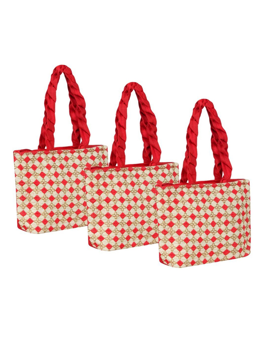 

prettykrafts Unisex 3Pcs Red & Beige Embroidered Handheld Bags