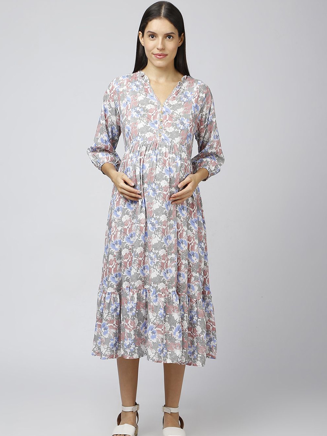 

MeeMee Women Floral Print Applique Formal Fit & Flare Midi Dress, Beige