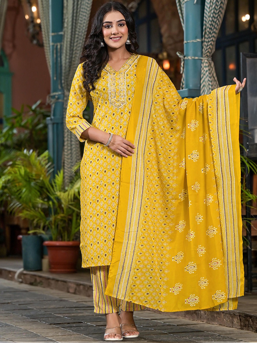 

Juniper Ethnic Motifs Printed V-Neck Sequinned Straight Kurta with Trousers & Dupatta, Mustard