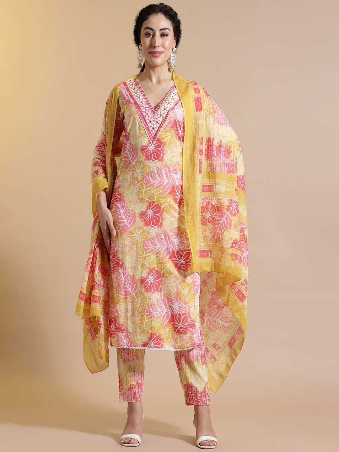 

STYLEBAAZI Women Floral Printed Thread Work Pure Cotton Kurta with Trousers & Dupatta, Yellow