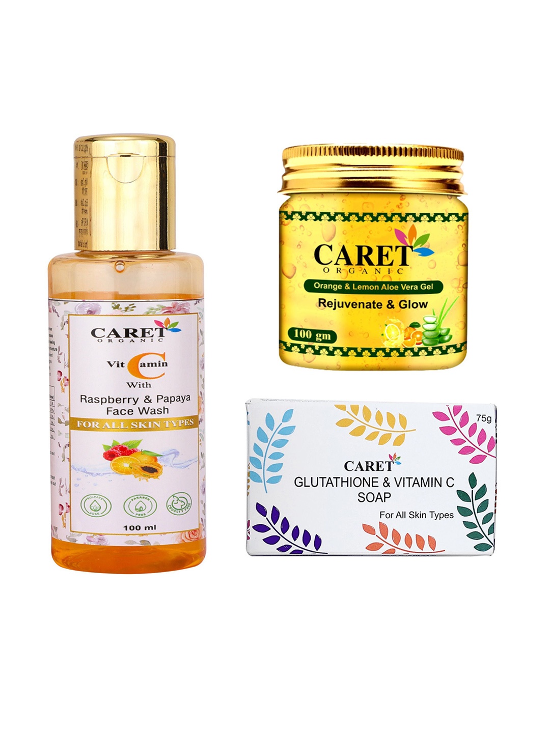 

CARET ORGANIC Set Of 3 Aloevera Gel- 100 g & Vitamin C Soap- 75 g & Face Wash - 100 ml, White