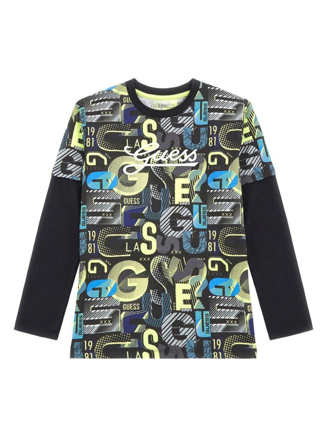 

GUESS kids Boys Graphic Printed Round Neck Cotton T-shirt, Black