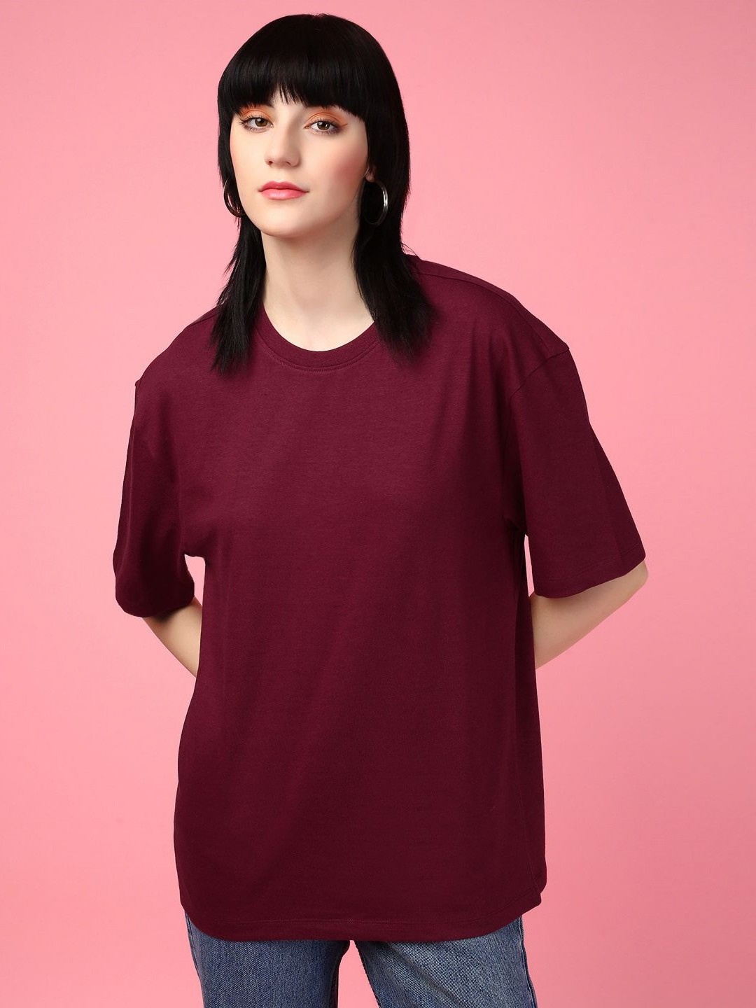 DressBerry Women Solid Round Neck Cotton Oversized T-shirt, Maroon