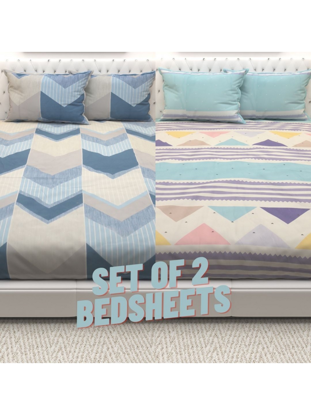 

Athom Living White & Blue Geometric 210 TC Queen Bedsheet with 2 Pillow Covers