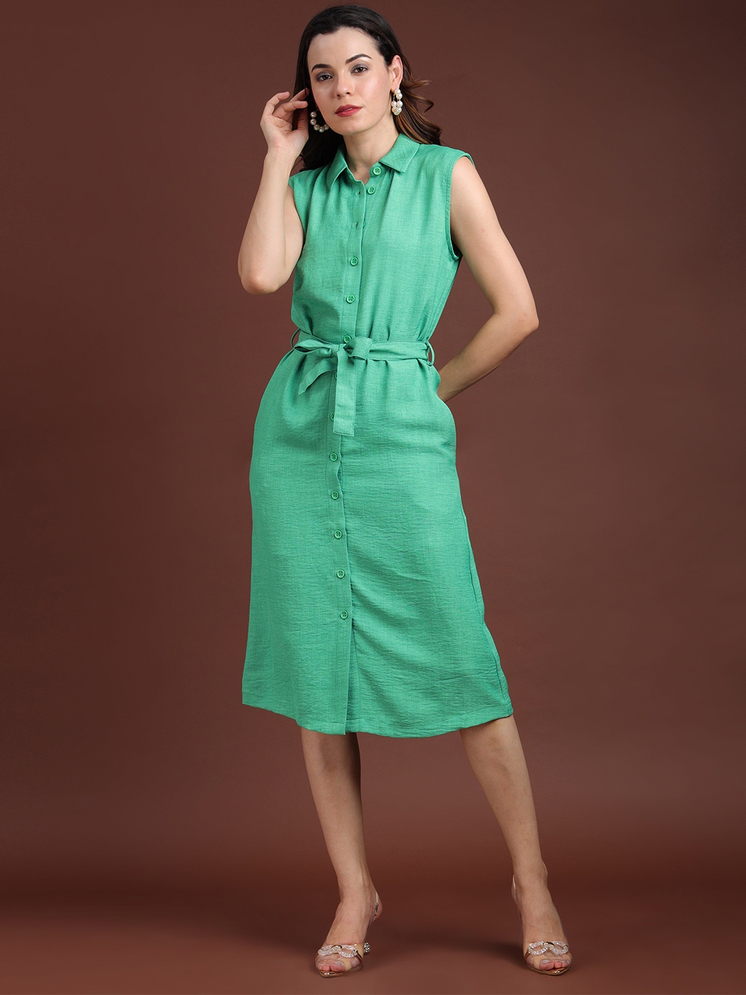 

Fashion Gaiia Shirt Solid Sleeveless Midi Dress, Green