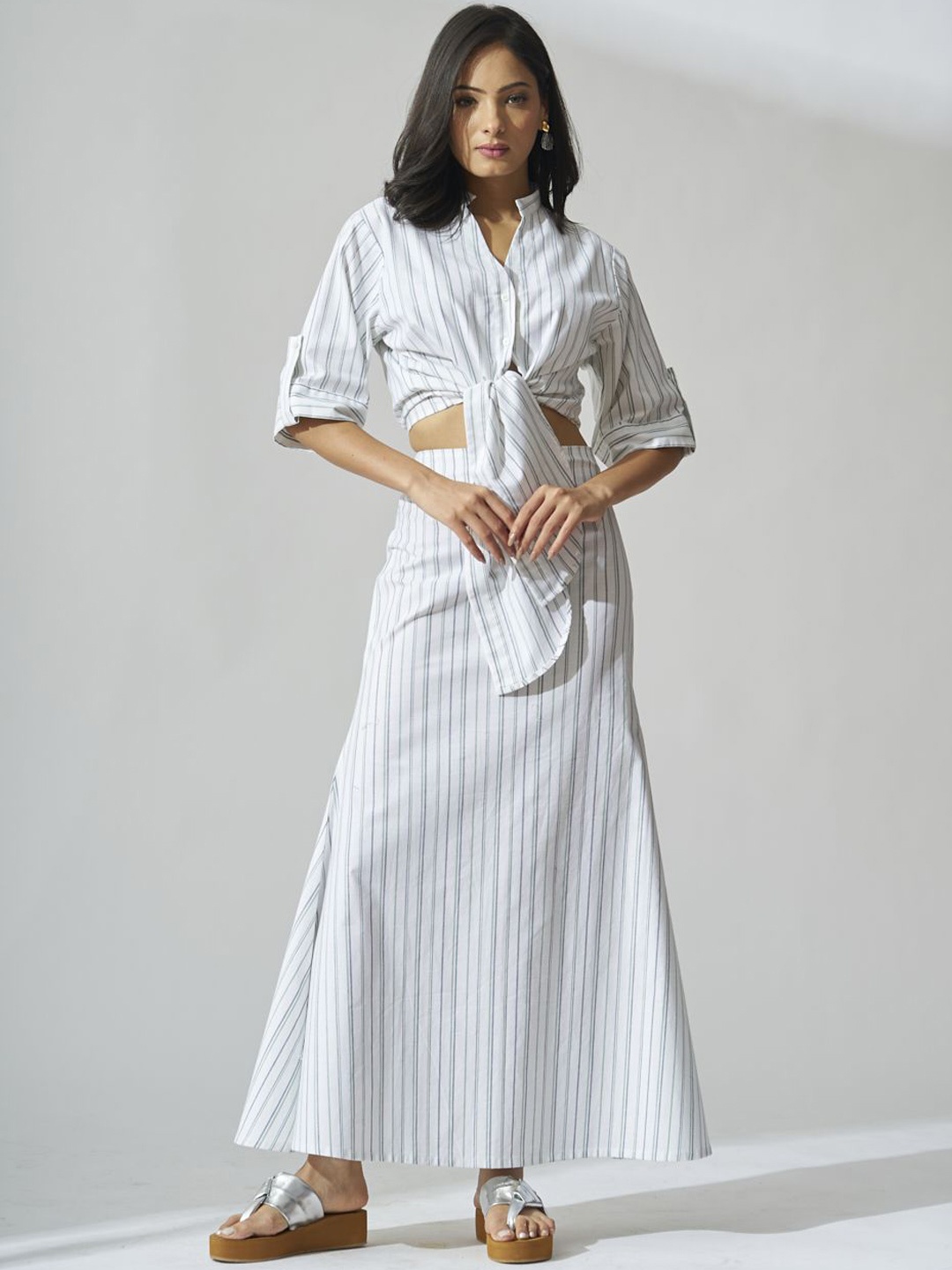 

Risate Striped Mandarin Collar Pure Cotton Shirt With Skirt, White