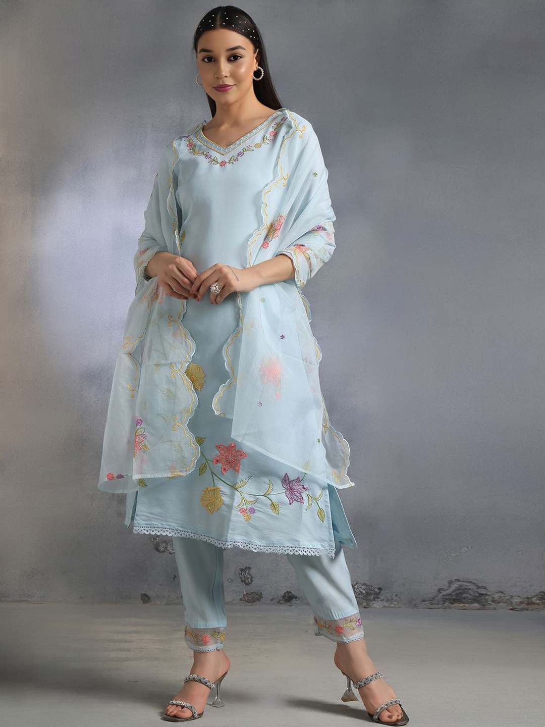 

Rang by Indya Ethnic Motifs Embroidered Straight Kurta with Trousers & With Dupatta, Blue