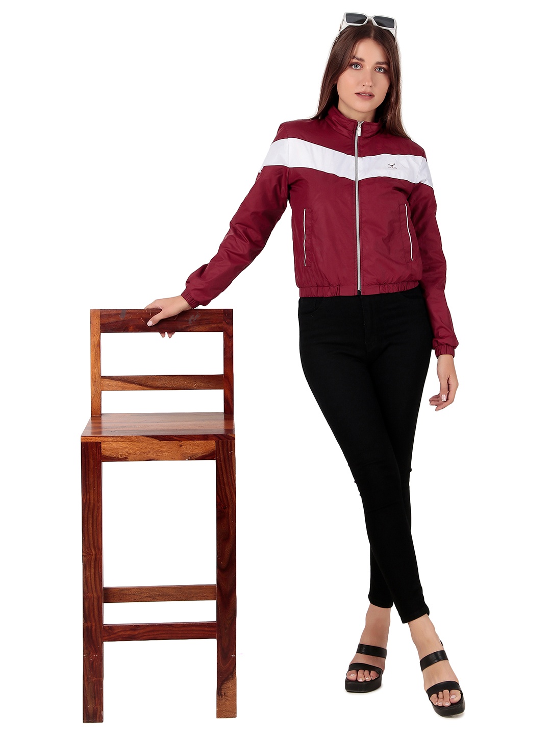 

Brazo Women Striped Windcheater Crop Open Front Jacket, Maroon