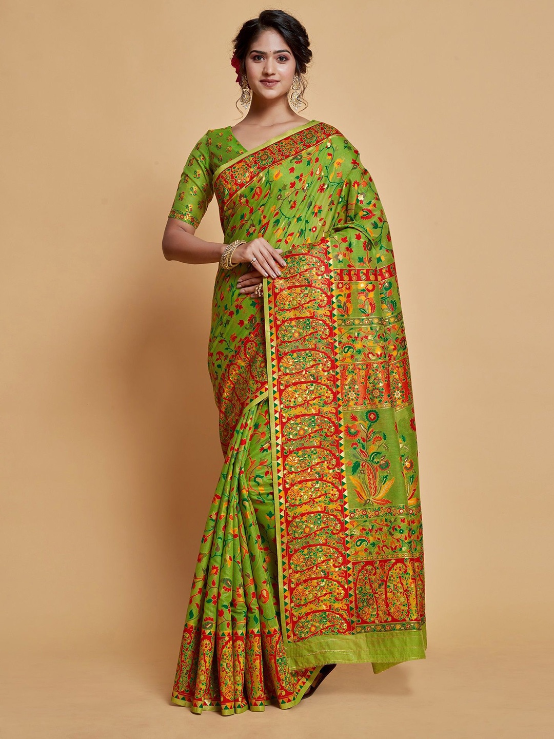 

MAHALASA Woven Design Ethnic Motifs Pure Silk Banarasi Saree, Green