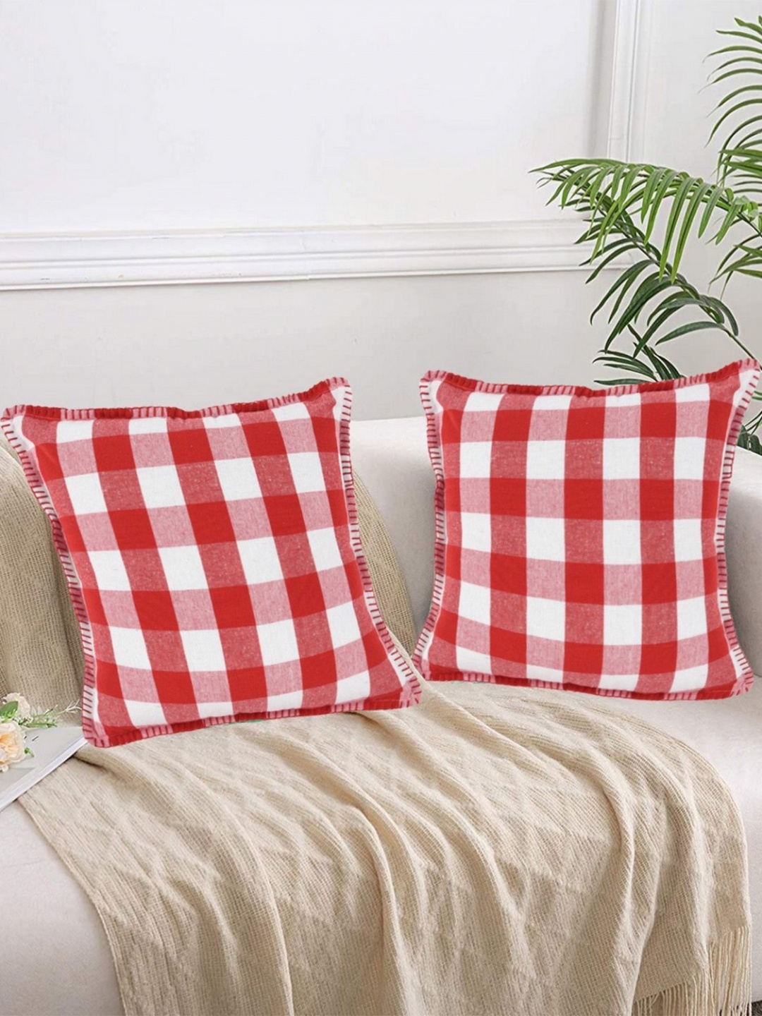 

Lushomes Red & White 2 Pieces Checked Cotton Square Cushion Covers