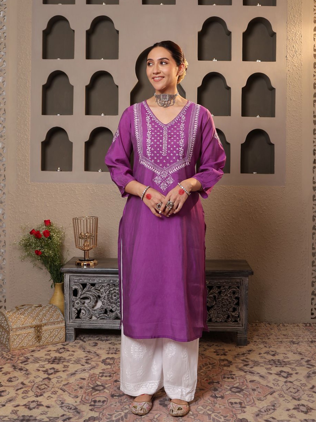 

House of Chikankari Chikankari Printed Kurta, Purple