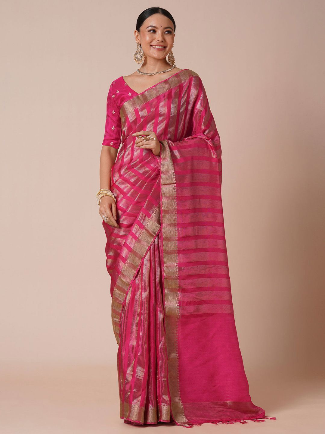 

Anouk Striped Zari Silk Blend Banarasi Saree, Pink