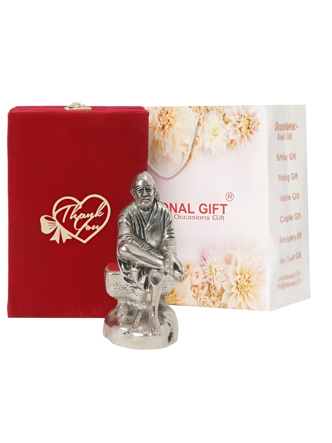 

INTERNATIONAL GIFT Silver-Toned Sai Baba Idol With Thank You Tag & Velvet Box