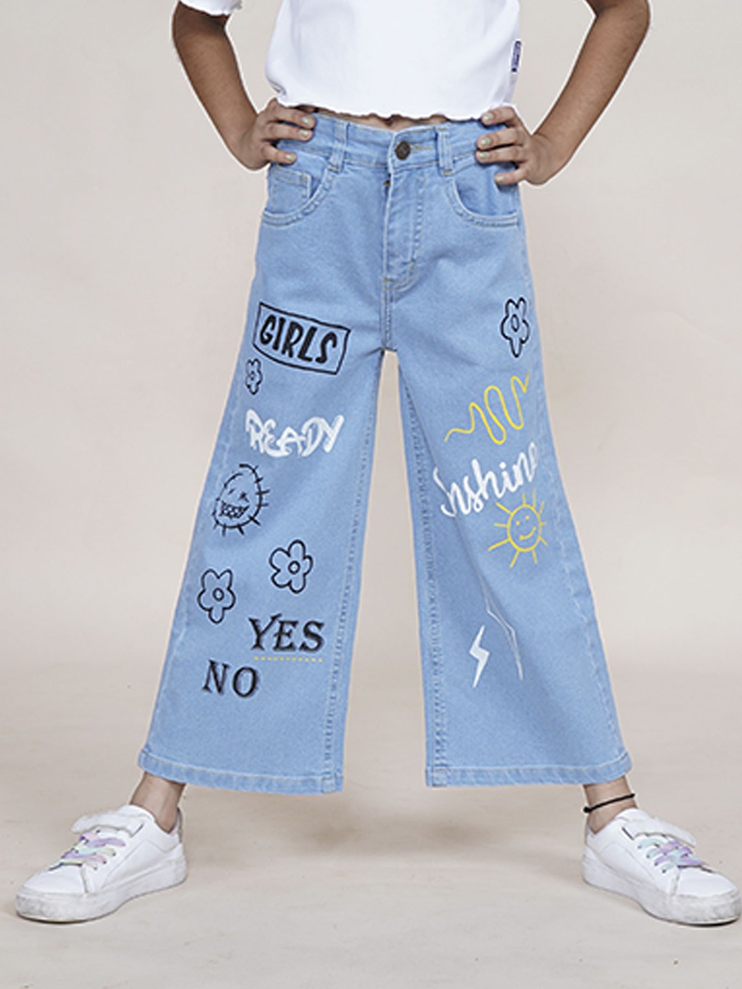 

KiddoPanti Girls Jean Flared Printed Stretchable Jeans, Blue