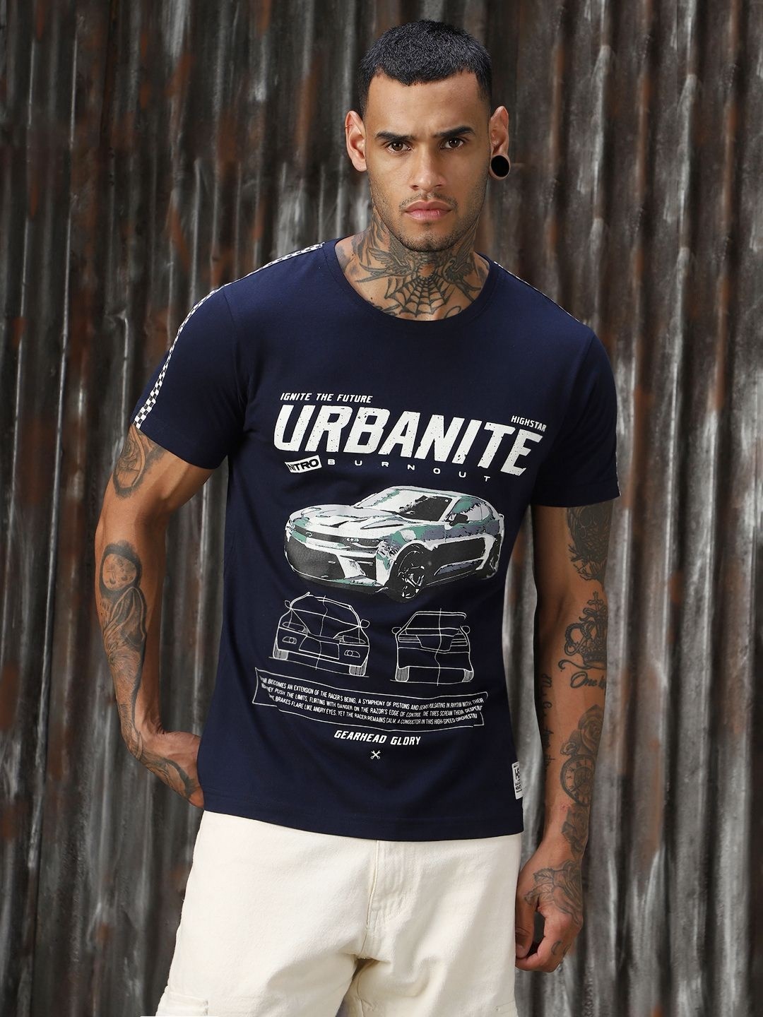 

High Star Men Moto Racer Printed Regular Fit Cotton T-shirt, Navy blue