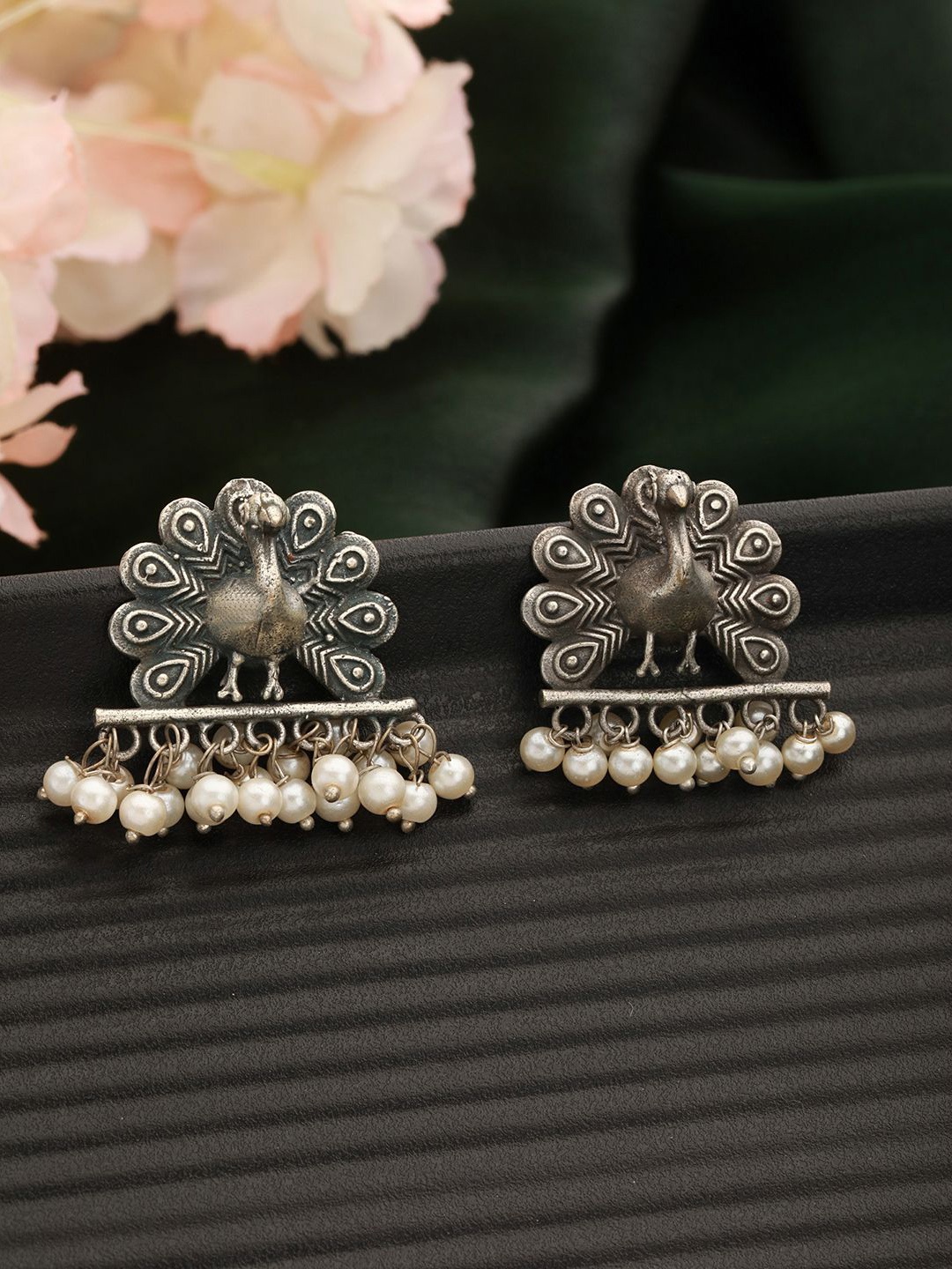 

Jazz and Sizzle Silver-Plated Pears Beaded Oxidised Peacock Shaped Drop Earrings
